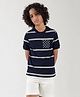 One Friday Cotton Half Sleeves Striped & Anchor Printed Tee - Navy Blue & Grey