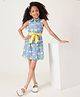 One Friday 100% Cotton Sleeveless Floral Printed Shirt Style Dress - Blue