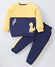 Mark & Mia Terry Knit Full Sleeves Winter Wear T-Shirt & Lounge Pant Set With Dino Patch - Yellow & Navy Blue