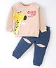 Mark & Mia Terry Knit Full Raglan Sleeves T-Shirt & Bottom Set With Text & Giraffe Print - Cream & Blue