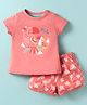 Zero Sinker Knit Half Sleeves Shorts Night Suit With Bird & Floral Print - Coral