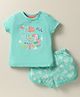 Zero Sinker Knit Half Sleeves Shorts Night Suit With Bird & Floral Print - Sea Green