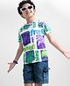 OLLINGTON ST. Cotton Knit Half Sleeves Text Print T-Shirt & Stretchable Denim Shorts - Purple & Indigo