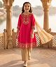 Pine Kids Woven Three Fourth Sleeves Floral Embroidered & Sequinned Kurti & Salwar Set with Dupatta - Dark Pink