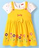 Babyhug Cotton Knit Floral Embroidered Frock & Half Sleeves Inner Tee With Polka Dot Print & Bow Applique - Yellow & White