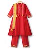 Pine Kids Woven Three Fourth Sleeves Kurti & Churidar Set With Dupatta Floral Embroidery & Pom Pom Detailing - Red