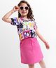 OLLINGTON ST. Cotton Knit Half Sleeves Tropical Printed Top & Woven Skirt -  White & Pink