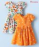Honeyhap Premium Cotton Knit With Bio Finish Half Sleeves Frocks with Floral & Heart Print & Bow Applique Pack of 2 - Papaya & Bright White
