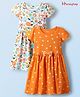 Honeyhap Premium Cotton Knit With Bio Finish Half Sleeves Frocks with Floral & Heart Print & Bow Applique Pack of 2 - Papaya & Bright White