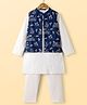 Pine Kids Viscose Woven Full Sleeves Kurta Pajama & Floral Embriodered Jacket Set - White & Navy Blue