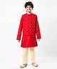Pine Kids Woven Mandarin Collar Full Sleeves Kurta Pyjama Set With Printed Jacket & Sequin Detailing  - Red