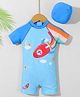 Babyhug Half Raglan Sleeves Legged Swimsuit With Rocket Print & Cap - Light Blue
