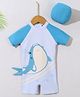 Babyhug Half Raglan Sleeves Legged Swimsuit With Shark Print & Cap - Light Blue