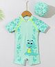 Babyhug Half Raglan Sleeves Legged Swimsuit With Dino Print & Cap - Sea Green