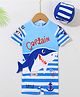 Babyhug Half Raglan Sleeves Legged Swimsuit With Shark Print & Cap - Light Blue