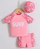 Babyhug Half Raglan Sleeves Two Piece Swimsuit With Tropical Theme Print & Cap - Pink