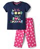 Honeyhap Premium   Cotton Knit Half Sleeves Capri Night Suit With Bio Finish Text & Floral Print - Navy Peony & Fandango Pink
