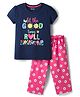 Honeyhap Premium   Cotton Knit Half Sleeves Capri Night Suit With Bio Finish Text & Floral Print - Navy Peony & Fandango Pink