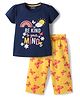 HoneyHap Premium Cotton Knit Half Sleeves Capri Night Suit With Bio Finish Text & Butterfly Print - Navy Peony & Snapdragon