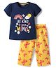 HoneyHap Premium Cotton Knit Half Sleeves Capri Night Suit With Bio Finish Text & Butterfly Print - Navy Peony & Snapdragon