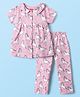 Babyhug Cotton Knit Half Sleeves Co-ords Front Open Night Suit with Unicorn Print - Pink