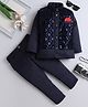 Fourfolds Full Sleeves Solid Indo Blazer & Trouser Set With Embroidered Waistcoat - Navy Blue