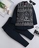 Fourfolds Full Sleeves Solid Indo Blazer & Trouser Set With Embroidered Waistcoat - Navy Blue