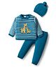 Babyhug Organic Cotton Knit Full Sleeves Striped Pullover Sweater Set with Cap & Giraffe Patch Detailing - Teal Blue
