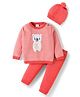 Babyhug Organic Cotton Knit Full Sleeves Striped Pullover Sweater Set with Cap & Bear Patch Detailing - Dark Peach