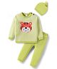 Babyhug Organic Cotton Knit Full Sleeves Striped Pullover Sweater Set with Cap & Tiger Patch Detailing - Limegreen