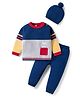 Babyhug Organic Cotton Knit Full Sleeves Sweater Set with Color Block Design Tiger Patch Pocket Detailing & Cap - Blue Yellow & Grey