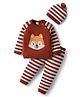 Babyhug Organic Cotton Knit Full Raglan Sleeves Striped Pullover Sweater Set with Cap & Fox Patch Detailing - Brown