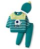 Babyhug Organic Cotton Knitted Full Sleeves Striped Sweater Set With Elephant Embroidery & Cap - Teal Blue & Yellow