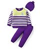 Babyhug Organic Cotton Knit Full Sleeves Striped Pullover Sweater Set with Cap & Embroidery - Purple