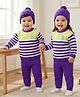 Babyhug Organic Cotton Knit Full Sleeves Striped Pullover Sweater Set with Cap & Embroidery - Purple