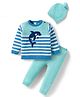 Babyhug Organic Cotton Knit Full Sleeves Striped Pullover Sweater Set with Cap & Patch Detailing - Aqua Blue