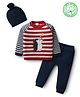 Babyhug Organic Cotton Knit Full Raglan Sleeves Pullover Striped Sweater Set with Cap & Patch Detailing - Navy Blue & Red
