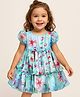 Babyhug Woven Half Sleeves Layered Dress With Floral Corsage & Print - Turquoise
