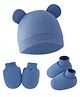 Bembika Cotton  Solid Cap With Coordinating Pair Of Mittens & Booties Set - Denim Blue-  Diameter- 36-38 cms