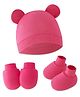 Bembika Cotton  Solid Cap With Coordinating Pair Of Mittens & Booties Set - Rose Red-  Diameter- 36-38 cms