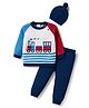 Babyhug Organic Cotton Knitted Full Raglan Sleeves Sweater Set With Train Design & Cap - Multicolor