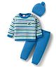 Babyhug Organic Cotton Knit Full Sleeves Sweater Set with Stripes & Bee Nice Patch & Cap - Blue