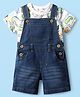 Babyhug Single Jersey Knit Dungaree & Half Sleeves T-Shirt With Dino Print - Blue