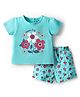 Doodle Poodle 100% Cotton Knit Half Sleeves   Floral Printed Shorts Night Suit - Aqua Blue