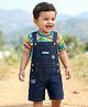 Babyhug Single Jersey Knit Dunagaree & Half Sleeves T-Shirt Set With Animal Print - Navy Blue