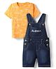 Babyhug Single Jersey Knit Half Sleeves T-Shirt & Dungaree With Tropical Theme Print - Orange & Navy Blue