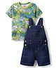 Babyhug Single Jersey Knit Knee Length Dungarees & Half Sleeves Tee Set with Tropical Theme Print - Green & Navy Blue