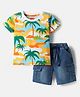 Babyhug Single Jersey Knit Half Sleeves T-Shirt & Shorts Sets with Beach Theme Print - Blue & Yellow