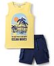Honeyhap Premium Cotton Knit Sleeveless Tank T-Shirt & Shorts Set With Beach Theme Print & Bio Finish - Popcorn & Navy Peony