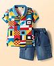 Babyhug Single Jersey Knit Half Sleeves Polo T-Shirt & Denim Shorts Set with Abstract Print - Blue